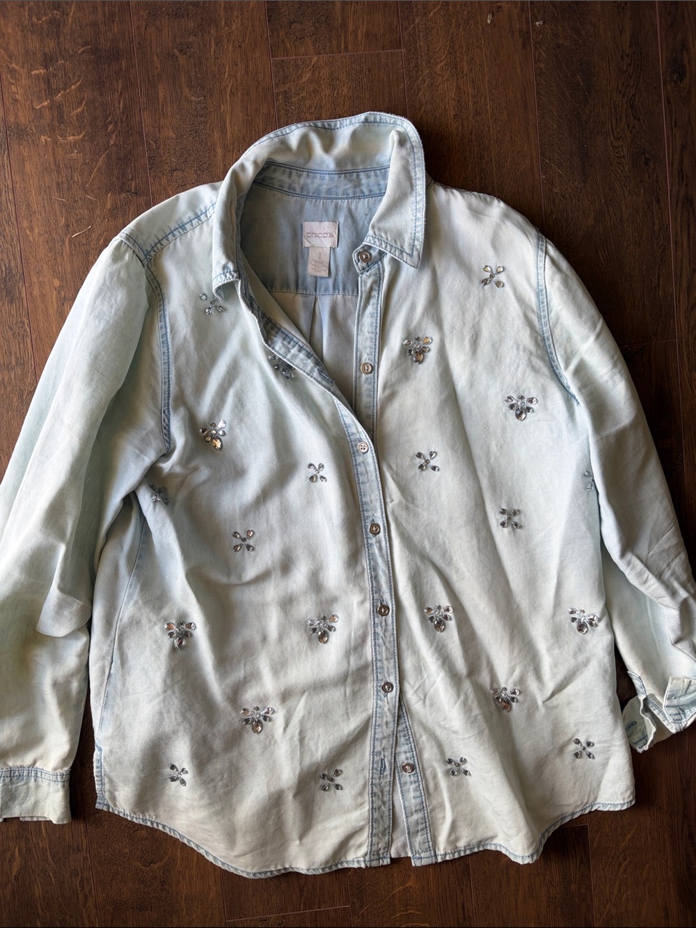 Chico's Light Blue Embellished Denim Button-Down Shirt
